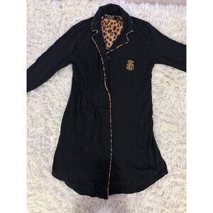 Lauren Ralph Lauren Black Sleep Shirt With Gold Embroidery & Leopard Print Accen